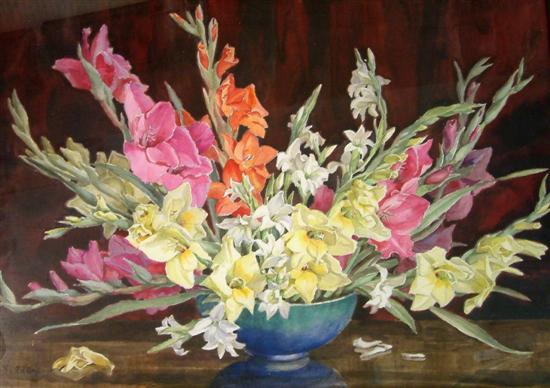 Helen Seddon (fl. c.1925-1955), watercolour, Gladioli in a vase, 53 x 75cm